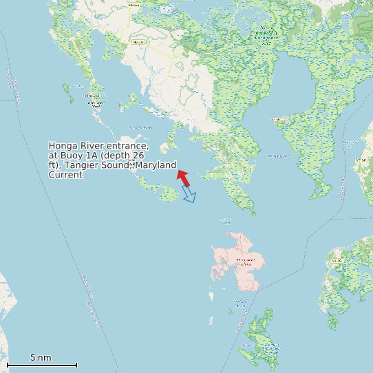 Map of Honga River entrance, at Buoy 1A (depth 26 ft), Tangier Sound, Maryland Current Prediction Station