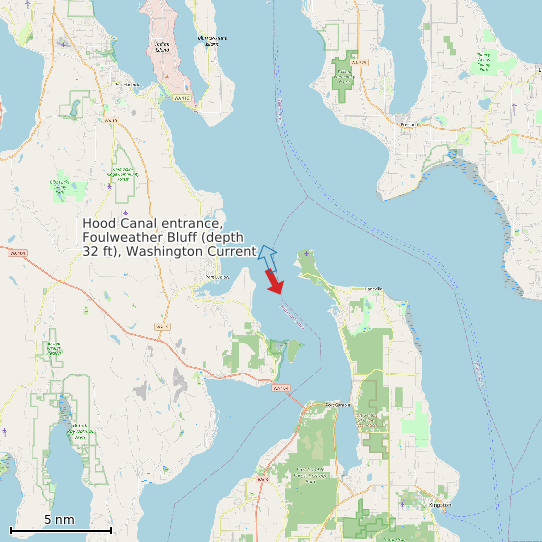 Map of Hood Canal entrance, Foulweather Bluff (depth 32 ft), Washington Current Prediction Station