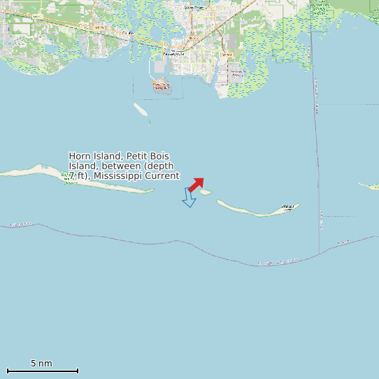 Map of Horn Island, Petit Bois Island, between (depth 7 ft), Mississippi Current Prediction Station