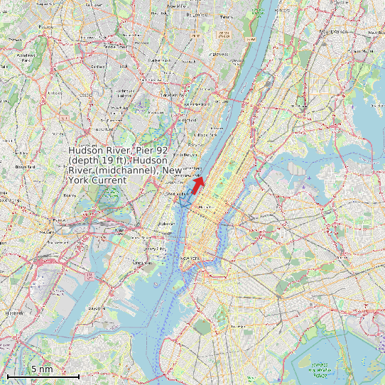 Map of Hudson River, Pier 92 (depth 19 ft), Hudson River (midchannel), New York Current Prediction Station