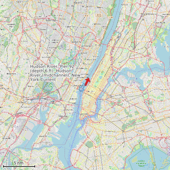 Map of Hudson River, Pier 92 (depth 6 ft), Hudson River (midchannel), New York Current Prediction Station