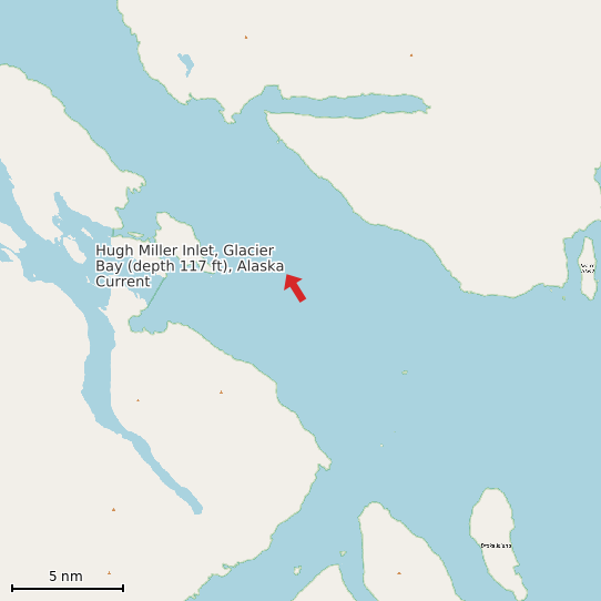 Map of Hugh Miller Inlet, Glacier Bay (depth 117 ft), Alaska Current Prediction Station
