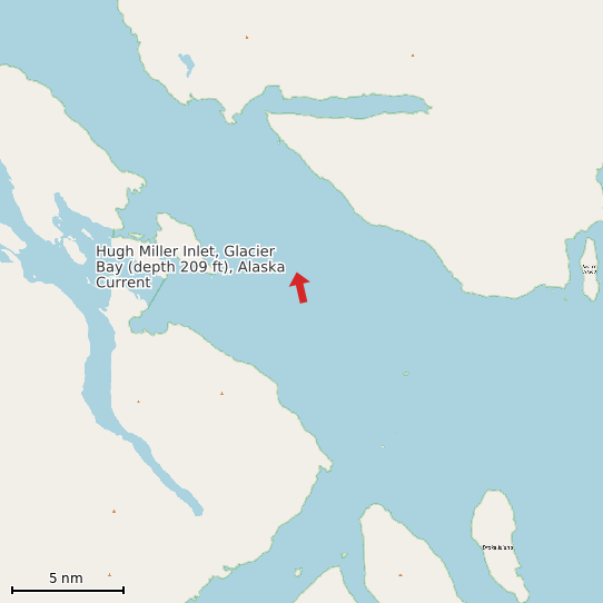 Map of Hugh Miller Inlet, Glacier Bay (depth 209 ft), Alaska Current Prediction Station