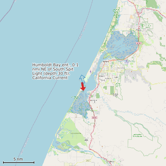 Map of Humboldt Bay ent., 0.1 nmi NE of South Spit Light (depth 30 ft), California Current Prediction Station