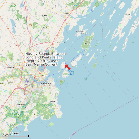 Map of Hussey Sound, Between Long and Peaks Island (depth 70 ft), Casco Bay, Maine Current Prediction Station