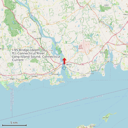 Map of I-95 Bridge (depth 14 ft), Connecticut River, Long Island Sound, Connecticut Current Prediction Station