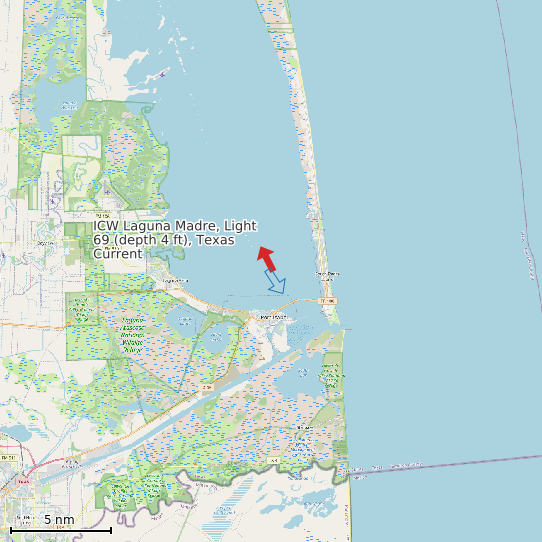 Map of ICW Laguna Madre, Light 69 (depth 4 ft), Texas Current Prediction Station