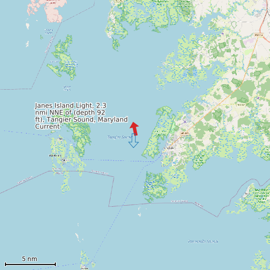 Map of Janes Island Light, 2.3 nmi NNE of (depth 92 ft), Tangier Sound, Maryland Current Prediction Station