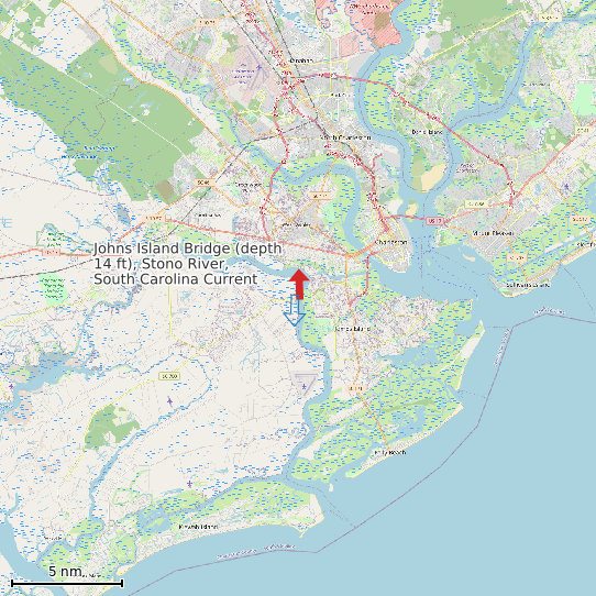 Map of Johns Island Bridge (depth 14 ft), Stono River, South Carolina Current Prediction Station