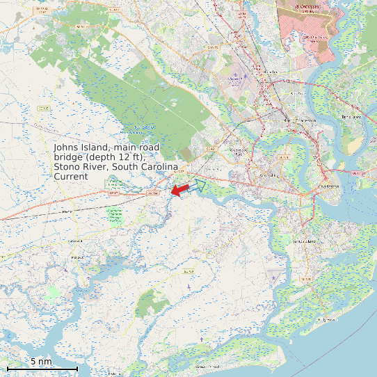 Map of Johns Island, main road bridge (depth 12 ft), Stono River, South Carolina Current Prediction Station
