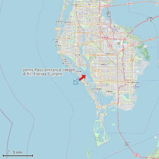 Map of Johns Pass entrance (depth 8 ft), Florida Current Prediction Station