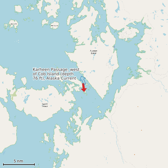 Map of Karheen Passage, west of Cob Island (depth 76 ft), Alaska Current Prediction Station
