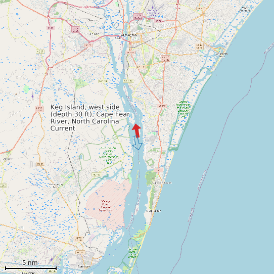 Map of Keg Island, west side (depth 30 ft), Cape Fear River, North Carolina Current Prediction Station