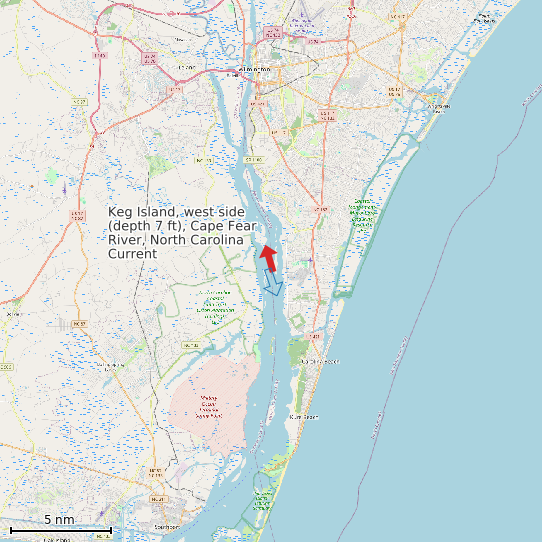 Map of Keg Island, west side (depth 7 ft), Cape Fear River, North Carolina Current Prediction Station