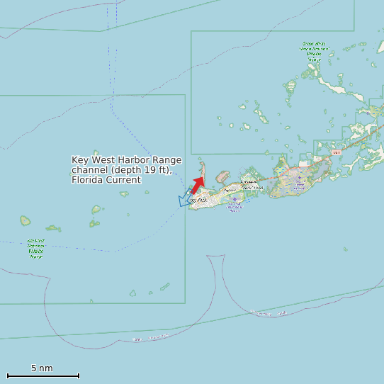 Map of Key West Harbor Range channel (depth 19 ft), Florida Current Prediction Station