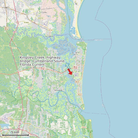 Map of Kingsley Creek, highway bridge, Cumberland Sound, Florida Current Prediction Station