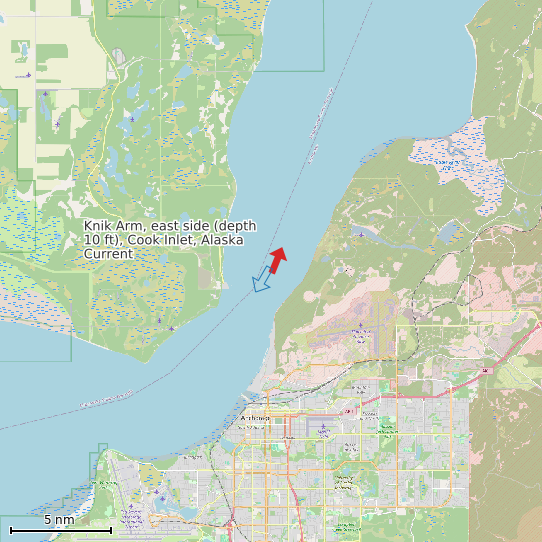Map of Knik Arm, east side (depth 10 ft), Cook Inlet, Alaska Current Prediction Station