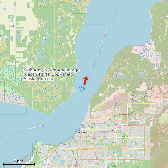 Map of Knik Arm, NW of Anchorage (depth 10 ft), Cook Inlet, Alaska Current Prediction Station