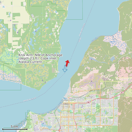 Map of Knik Arm, NW of Anchorage (depth 23 ft), Cook Inlet, Alaska Current Prediction Station