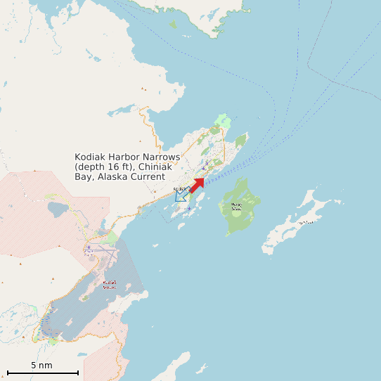 Map of Kodiak Harbor Narrows (depth 16 ft), Chiniak Bay, Alaska Current Prediction Station