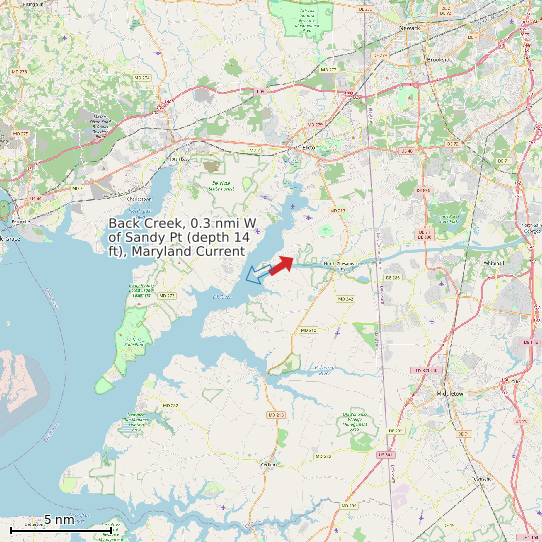 Map of Back Creek, 0.3 nmi W of Sandy Pt (depth 14 ft), Maryland Current Prediction Station