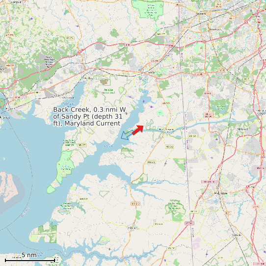 Map of Back Creek, 0.3 nmi W of Sandy Pt (depth 31 ft), Maryland Current Prediction Station