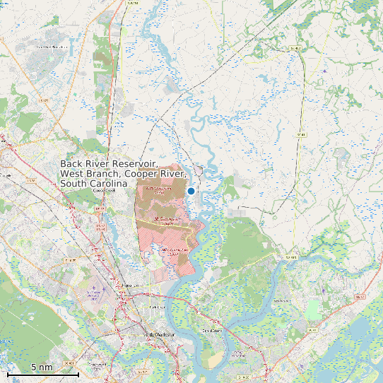 Map of Back River Reservoir, West Branch, Cooper River, South Carolina Tide Prediction Station