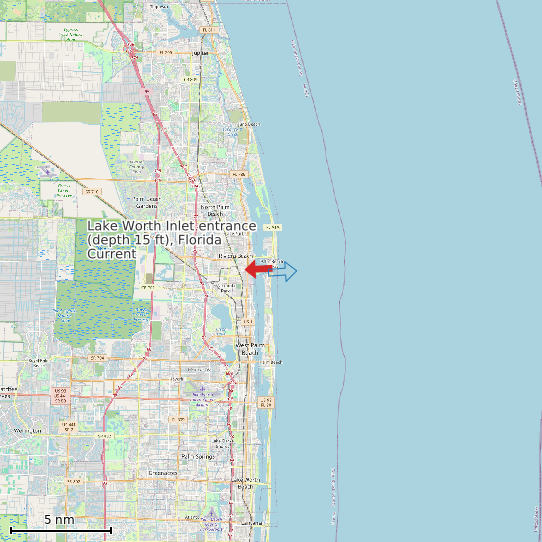 Map of Lake Worth Inlet entrance (depth 15 ft), Florida Current Prediction Station