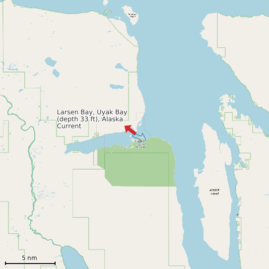 Map of Larsen Bay, Uyak Bay (depth 33 ft), Alaska Current Prediction Station