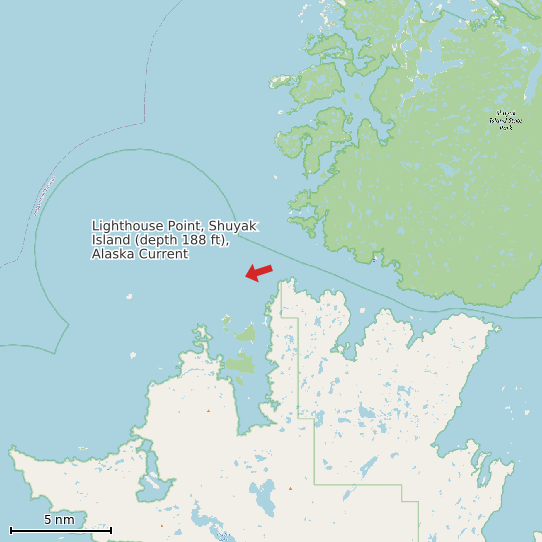 Map of Lighthouse Point, Shuyak Island (depth 188 ft), Alaska Current Prediction Station