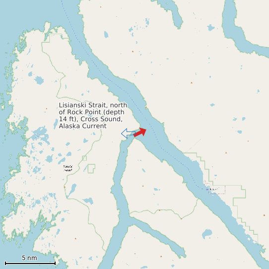 Map of Lisianski Strait, north of Rock Point (depth 14 ft), Cross Sound, Alaska Current Prediction Station