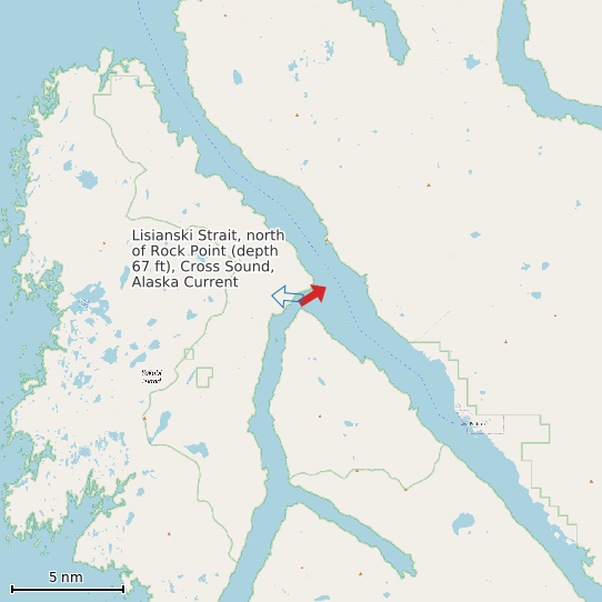 Map of Lisianski Strait, north of Rock Point (depth 67 ft), Cross Sound, Alaska Current Prediction Station