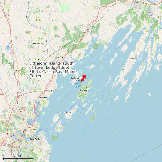 Map of Littlejohn Island, south of Town Ledge (depth 36 ft), Casco Bay, Maine Current Prediction Station