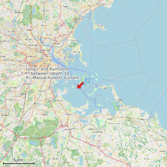 Map of Long I. and Rainsford I., between (depth 10 ft), Massachusetts Current Prediction Station