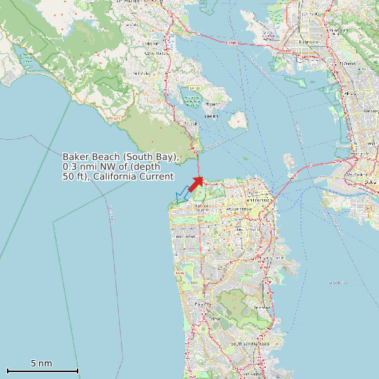 Map of Baker Beach (South Bay), 0.3 nmi NW of (depth 50 ft), California Current Prediction Station