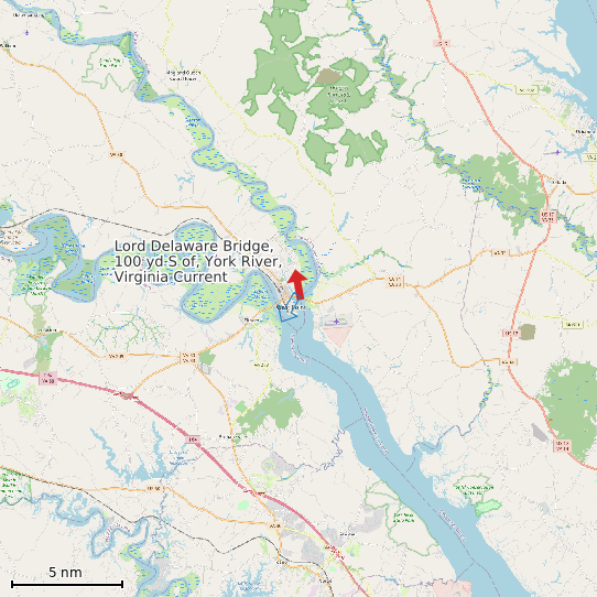 Map of Lord Delaware Bridge, 100 yd S of, York River, Virginia Current Prediction Station