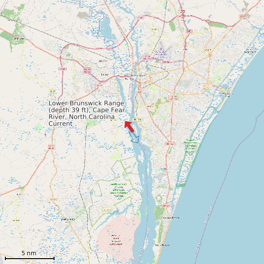 Map of Lower Brunswick Range (depth 39 ft), Cape Fear River, North Carolina Current Prediction Station
