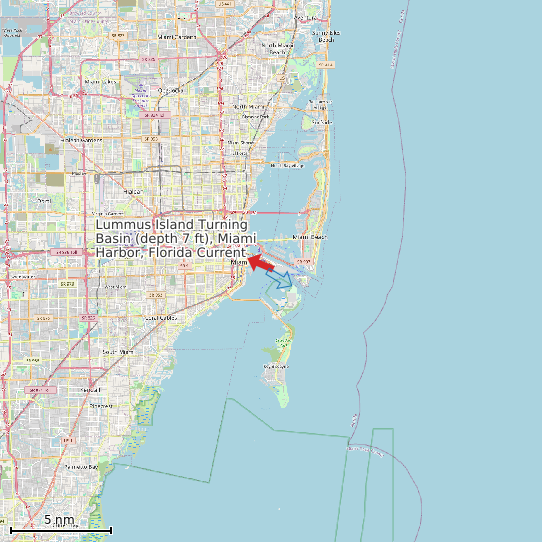 Map of Lummus Island Turning Basin (depth 7 ft), Miami Harbor, Florida Current Prediction Station