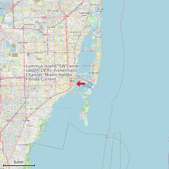Map of Lummus Island, SW corner (depth 14 ft), Fishermans Channel, Miami Harbor, Florida Current Prediction Station