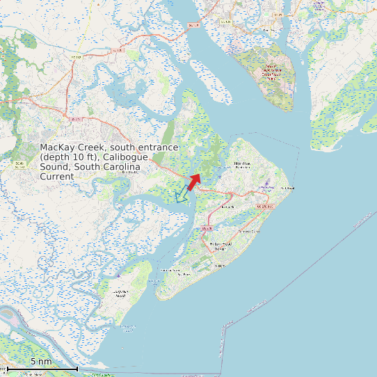 Map of MacKay Creek, south entrance (depth 10 ft), Calibogue Sound, South Carolina Current Prediction Station