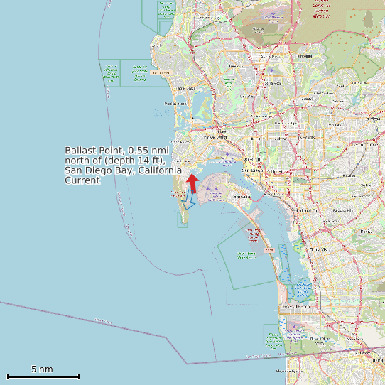 Map of Ballast Point, 0.55 nmi north of (depth 14 ft), San Diego Bay, California Current Prediction Station