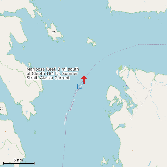 Map of Mariposa Reef, 3 mi south of (depth 184 ft), Sumner Strait, Alaska Current Prediction Station