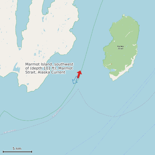 Map of Marmot Island, southwest of (depth 101 ft), Marmot Strait, Alaska Current Prediction Station