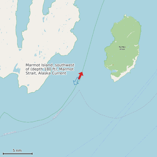 Map of Marmot Island, southwest of (depth 180 ft), Marmot Strait, Alaska Current Prediction Station