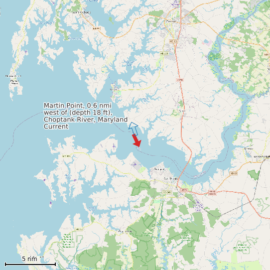 Map of Martin Point, 0.6 nmi west of (depth 18 ft), Choptank River, Maryland Current Prediction Station