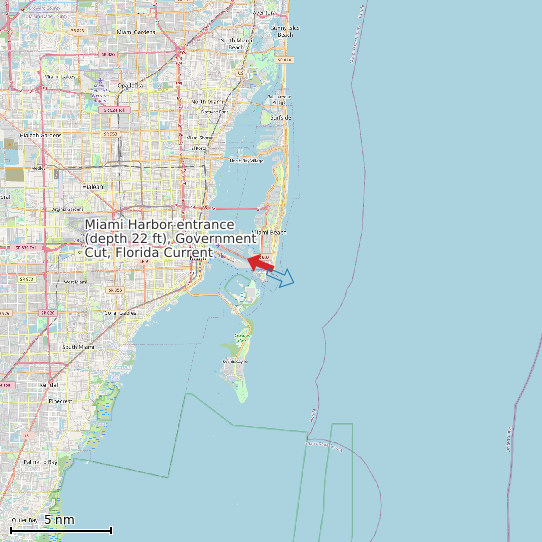 Map of Miami Harbor entrance (depth 22 ft), Government Cut, Florida Current Prediction Station