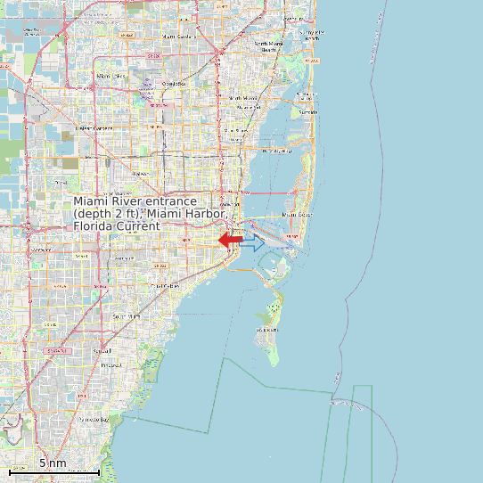 Map of Miami River entrance (depth 2 ft), Miami Harbor, Florida Current Prediction Station