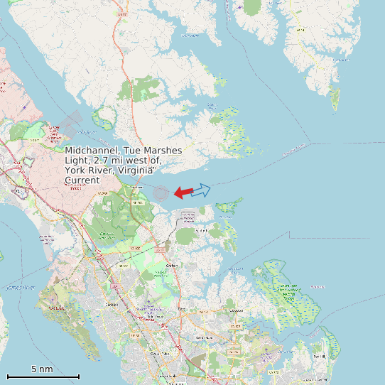 Map of Midchannel, Tue Marshes Light, 2.7 mi west of, York River, Virginia Current Prediction Station