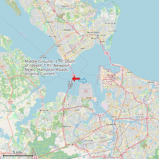 Map of Middle Ground, 1 mi south of (depth 7 ft), Newport News, Hampton Roads, Virginia Current Prediction Station