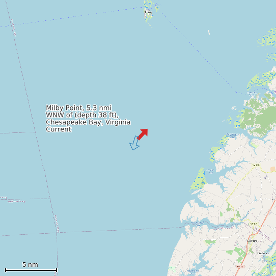 Map of Milby Point, 5.3 nmi WNW of (depth 38 ft), Chesapeake Bay, Virginia Current Prediction Station